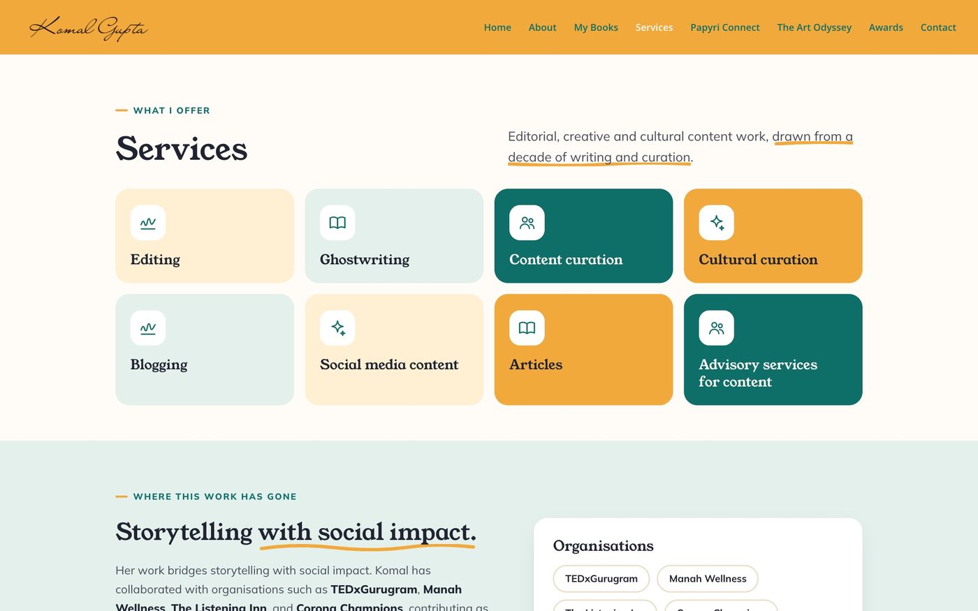 The new Services page with eight colour-coded service tiles