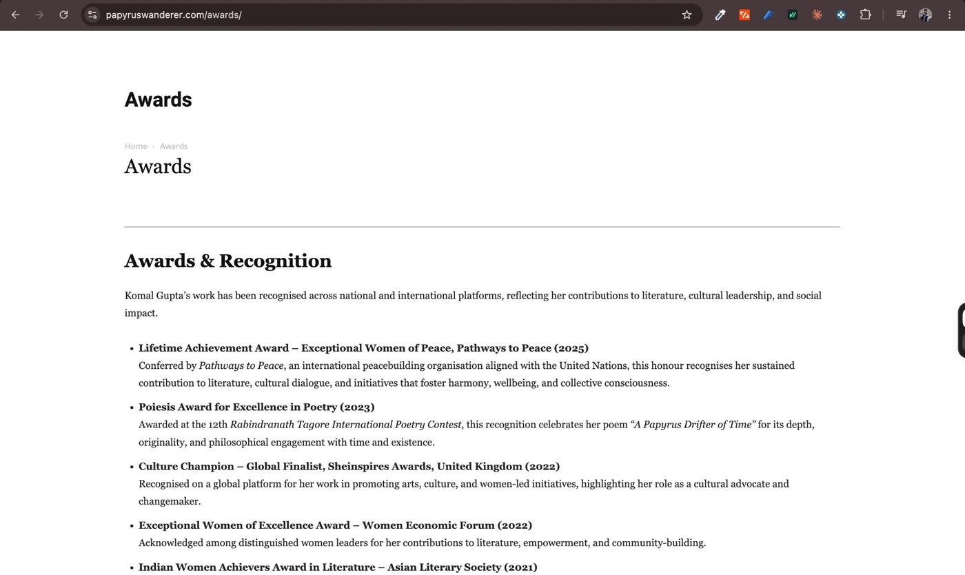 The old Awards page as a long bulleted list