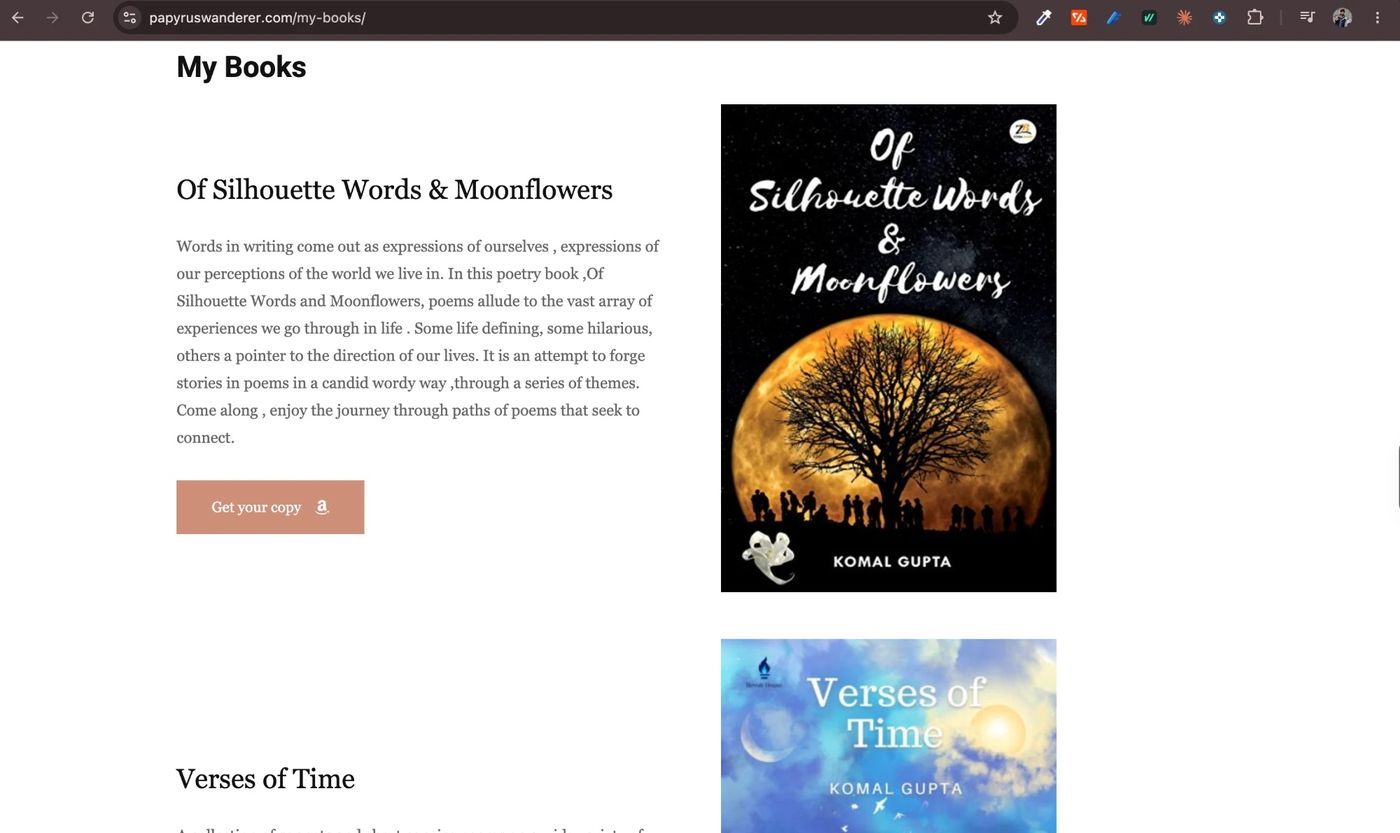 The old My Books page with one large book cover and long paragraphs of text
