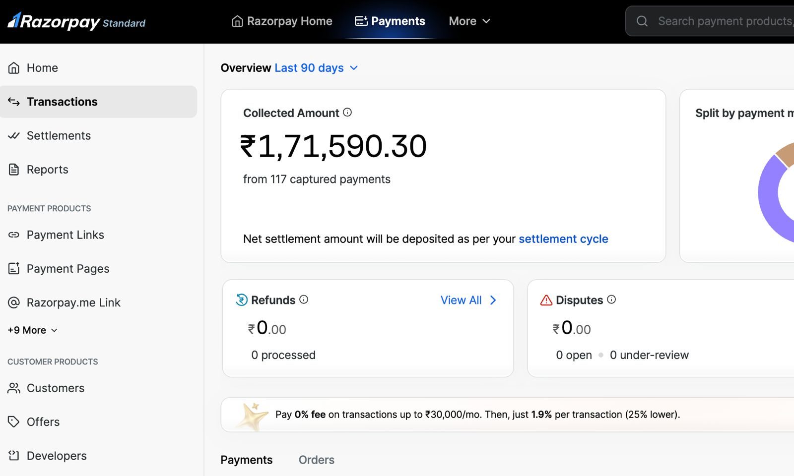 Razorpay dashboard showing collected payments over the last 90 days