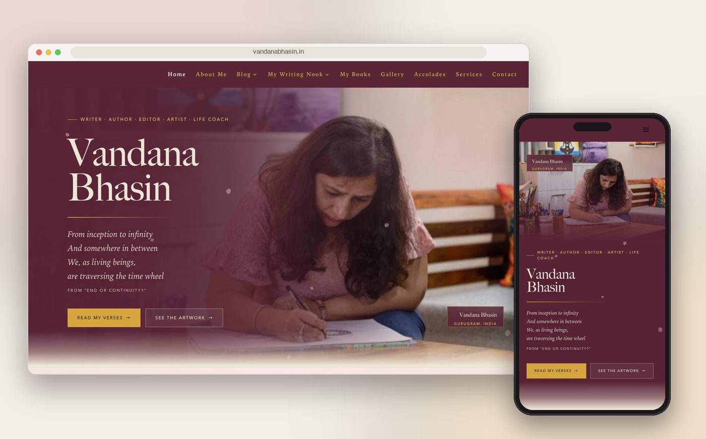 The vandanabhasin.in home page on a laptop and a phone: a full-width photograph of Vandana Bhasin drawing, her verse, and the buttons Read my verses and See the artwork
