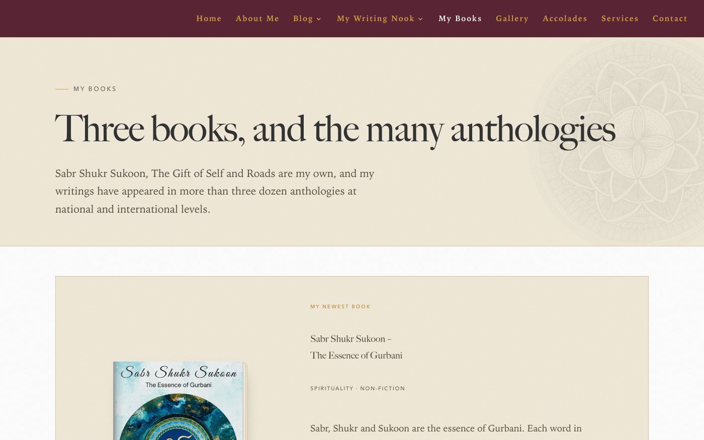The new My Books page with the heading Three books, and the many anthologies, and her newest book Sabr Shukr Sukoon