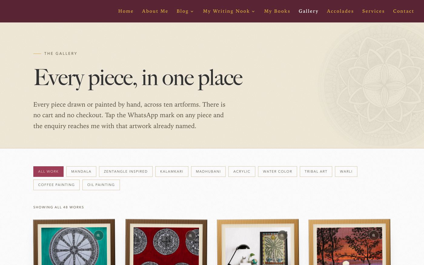 The new Gallery page with filters for ten art forms and a grid of framed artworks