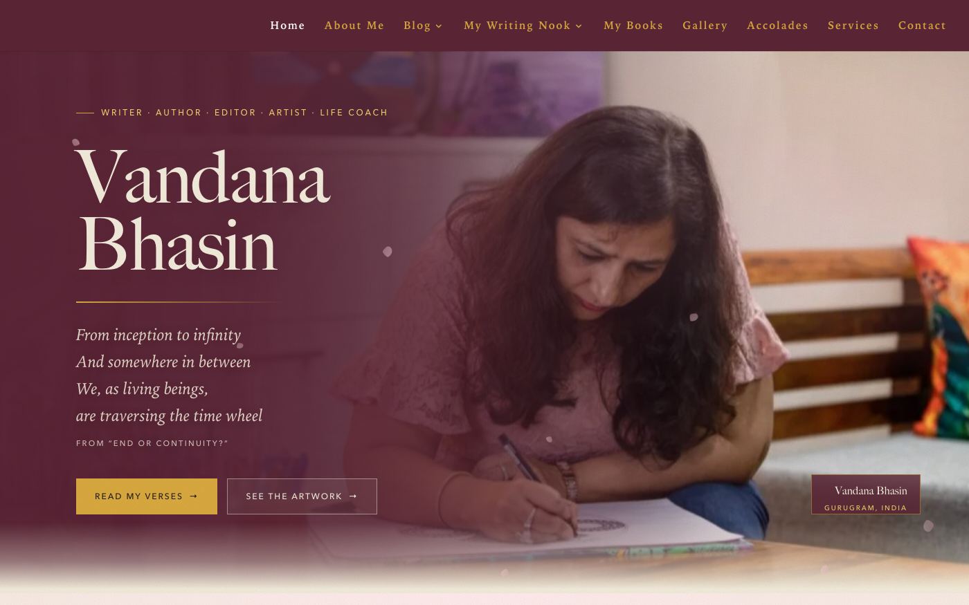 The new vandanabhasin.in home page with a full-width photograph of Vandana Bhasin drawing, a verse of her poetry and two buttons: Read my verses and See the artwork