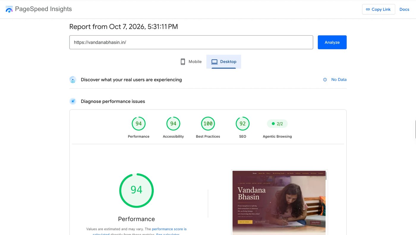 PageSpeed Insights report for vandanabhasin.in on desktop: performance 94, accessibility 94, best practices 100, SEO 92