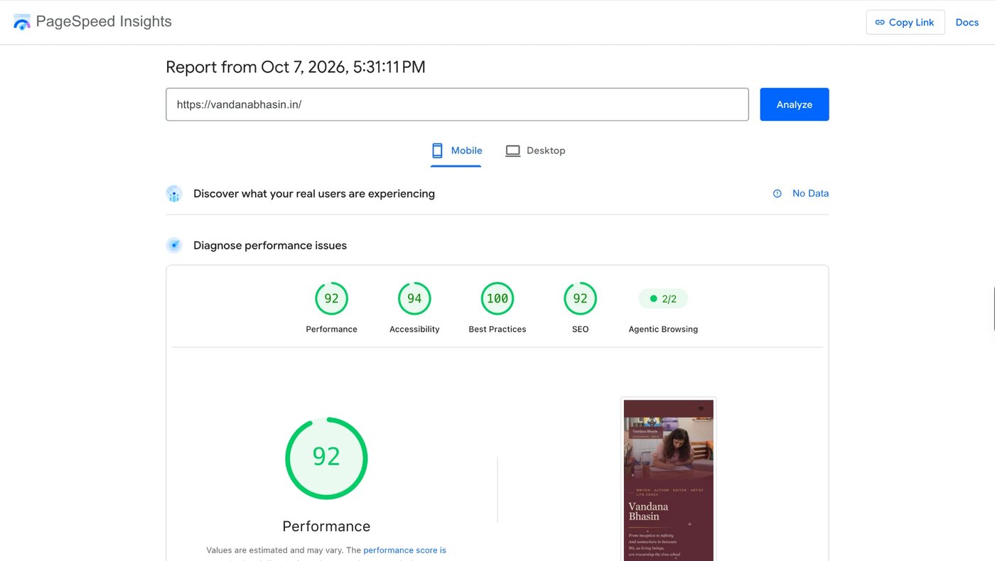 PageSpeed Insights report for vandanabhasin.in on mobile: performance 92, accessibility 94, best practices 100, SEO 92