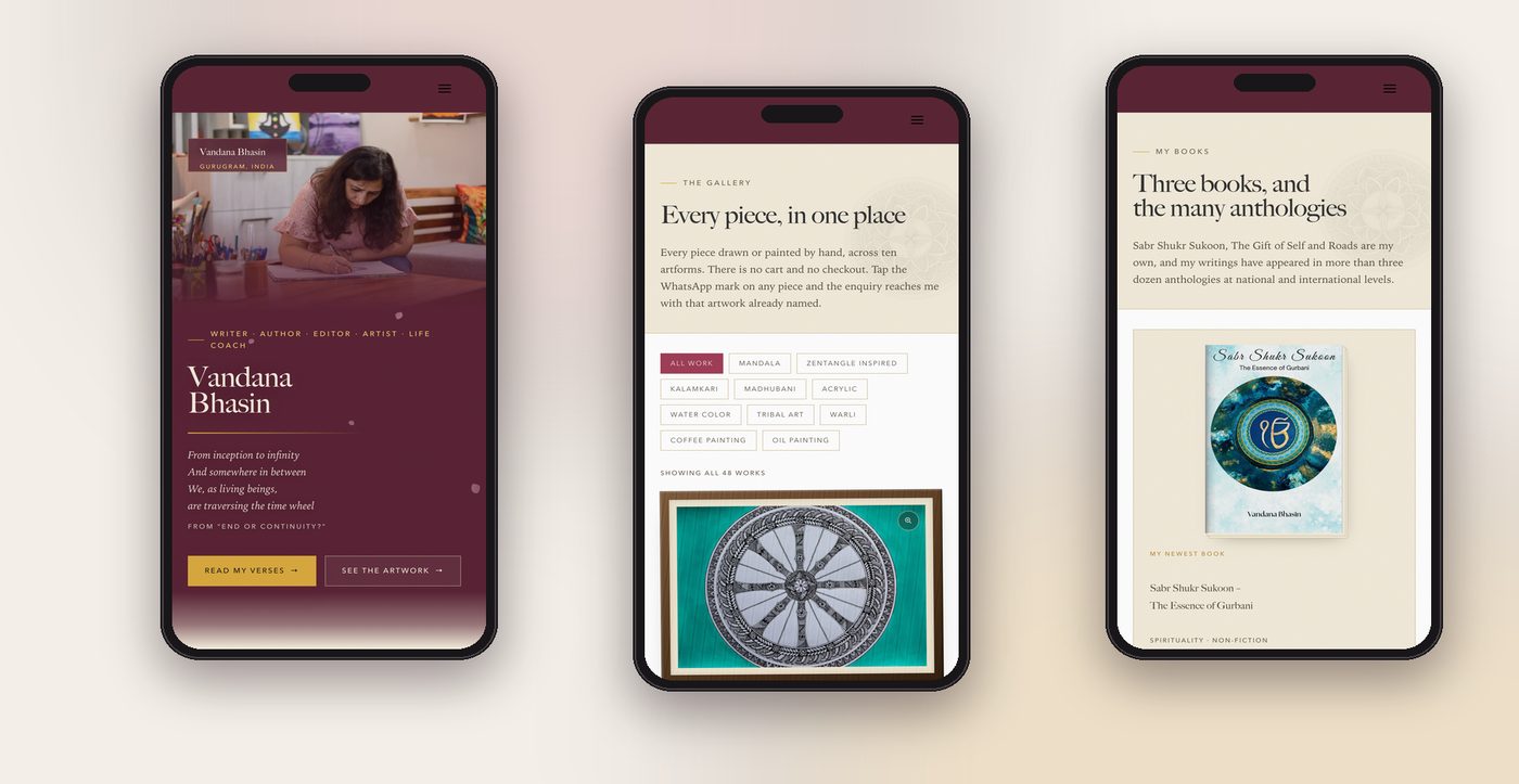 Three phone screens of vandanabhasin.in: the home page, the Gallery with art form filters, and the My Books page